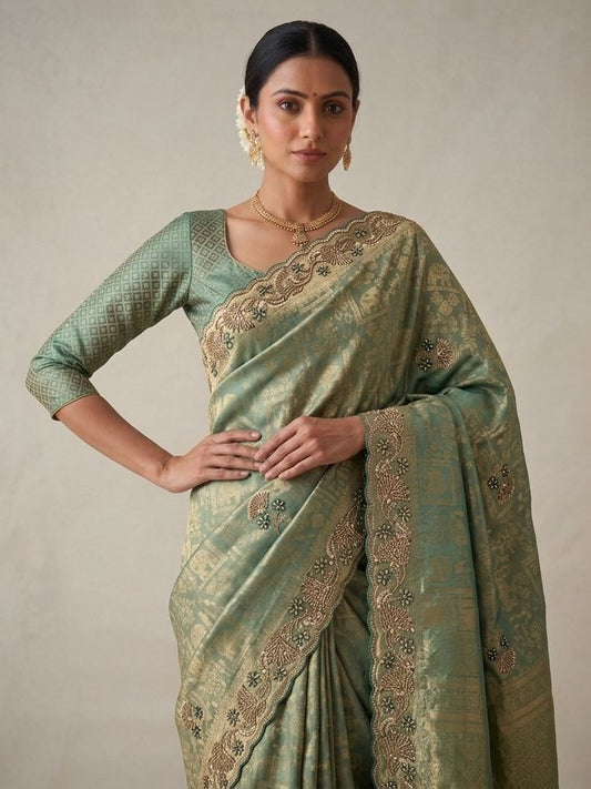 Sea Green Banarasi Silk Saree with Woven Hand Work - Front View