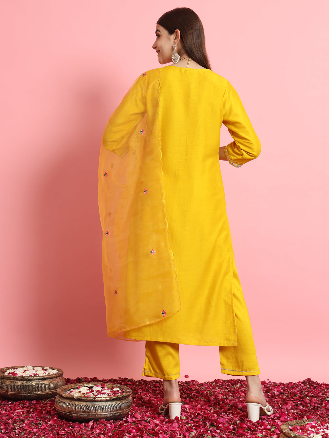 Yellow Silk Blend Embroidery Work Kurta Set
