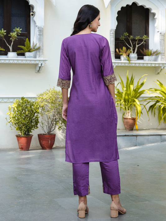 Purple Silk Blend Embroidery Work Kurta Set