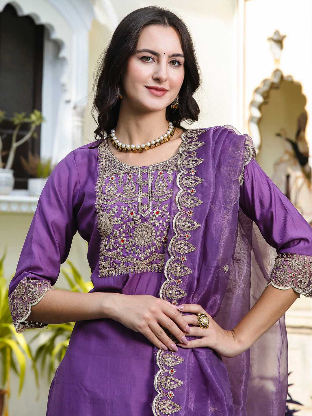 Purple Silk Blend Embroidery Work Kurta Set