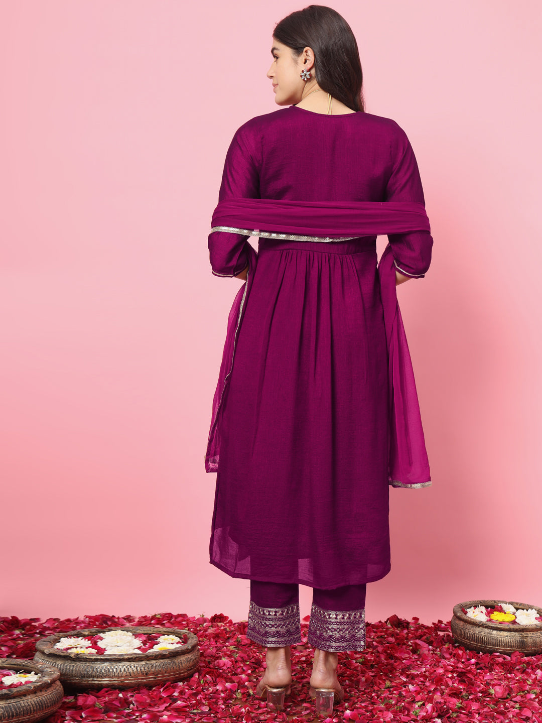 Purple Silk Blend Embroidery Work Anarkali Kurta Set