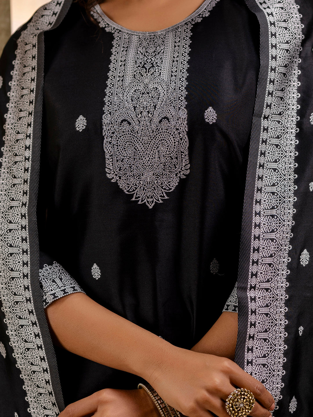 Black Cotton Blend Embroidery Kurta Set