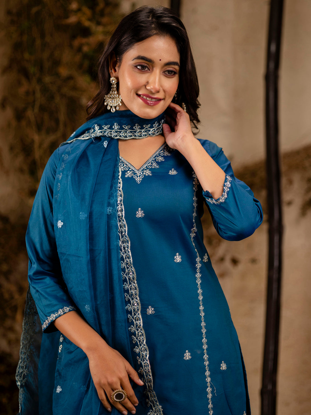Teal Silk Blend Embroidery Work Kurta Set