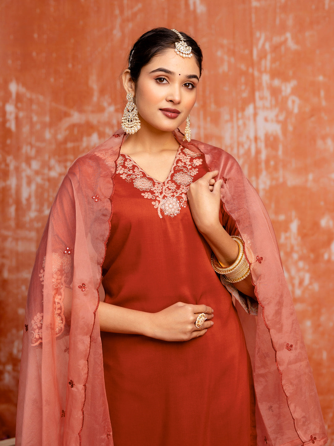 Red Silk Blend Embroidery Work Kurta Set