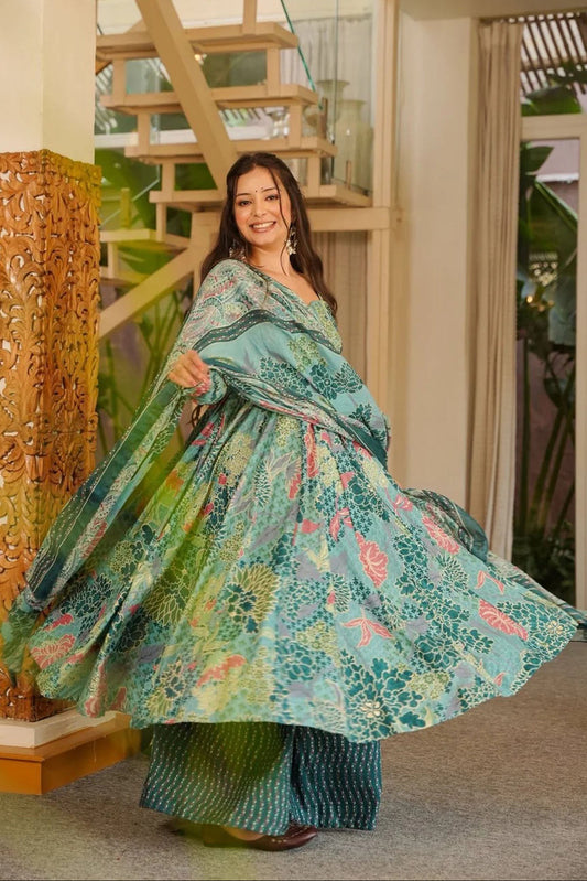 Blue Cotton Silk Suit Set with Dupatta