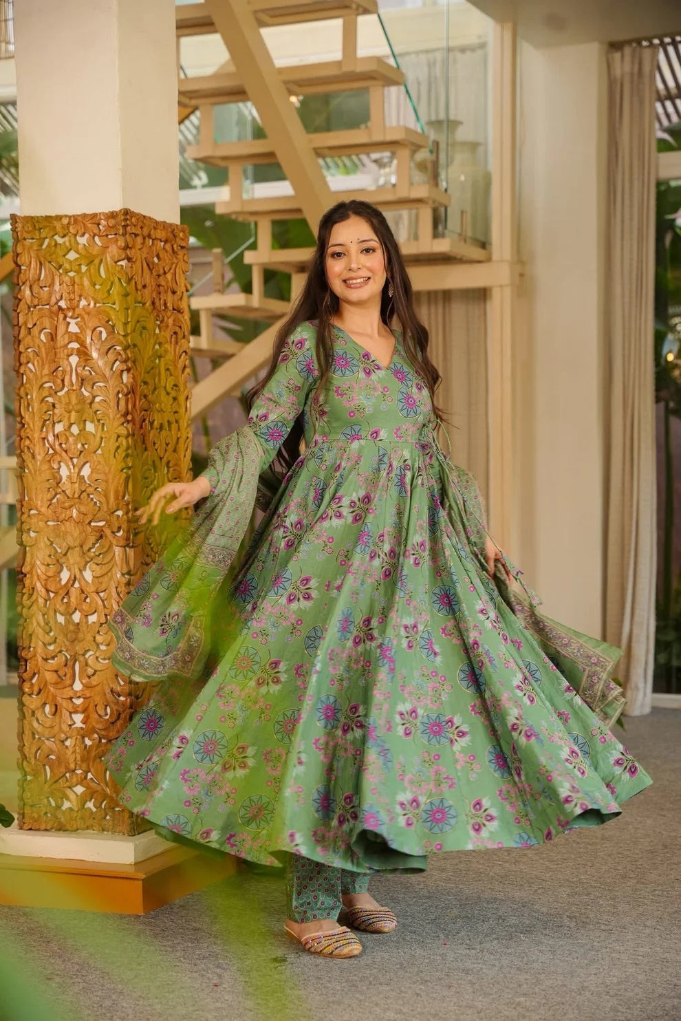 Green Floral Cotton Silk Suit Set with Dupatta
