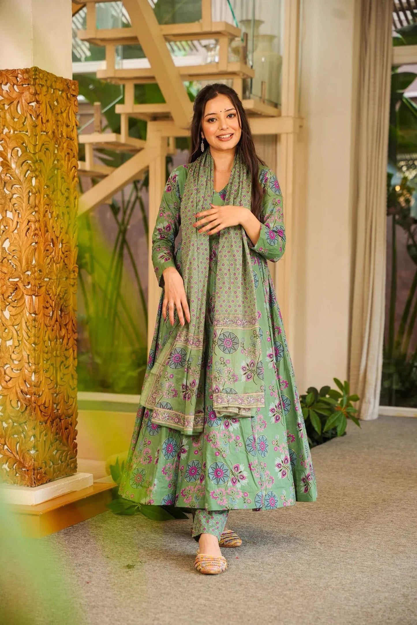 Green Floral Cotton Silk Suit Set with Dupatta