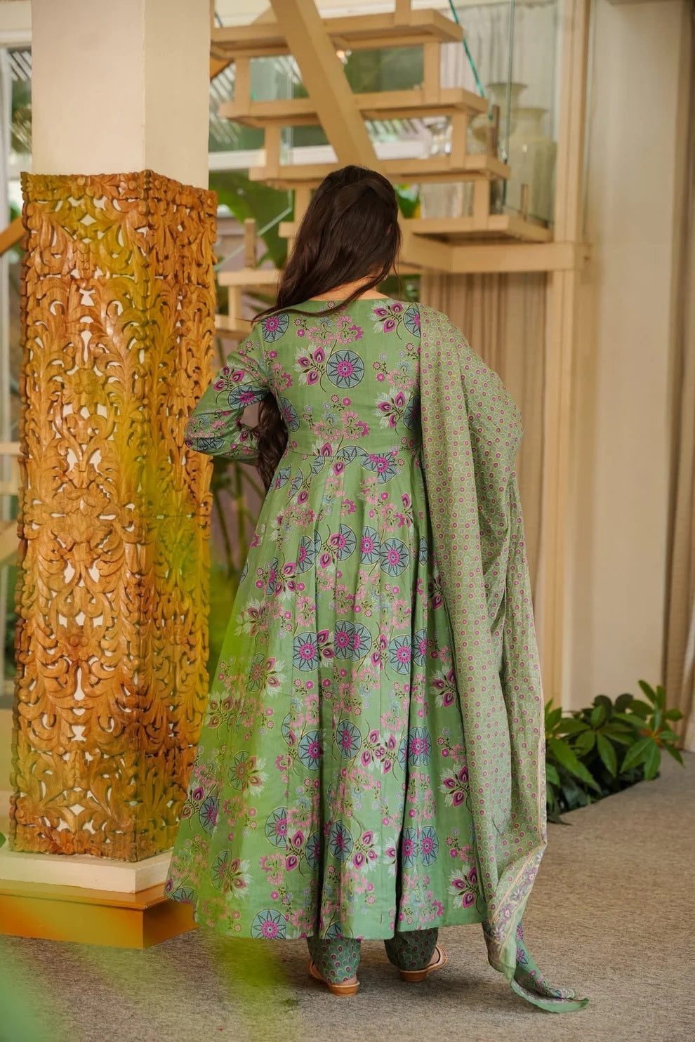 Green Floral Cotton Silk Suit Set with Dupatta