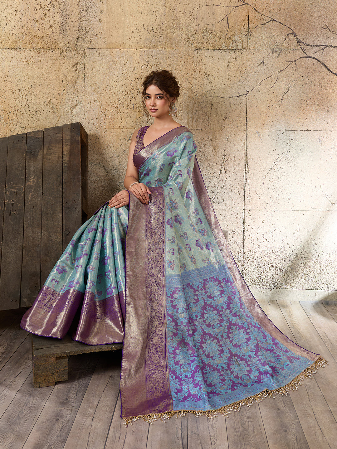 Sky Blue Soft Silk Saree with Woven Zari Pallu and Unstitched Blouse