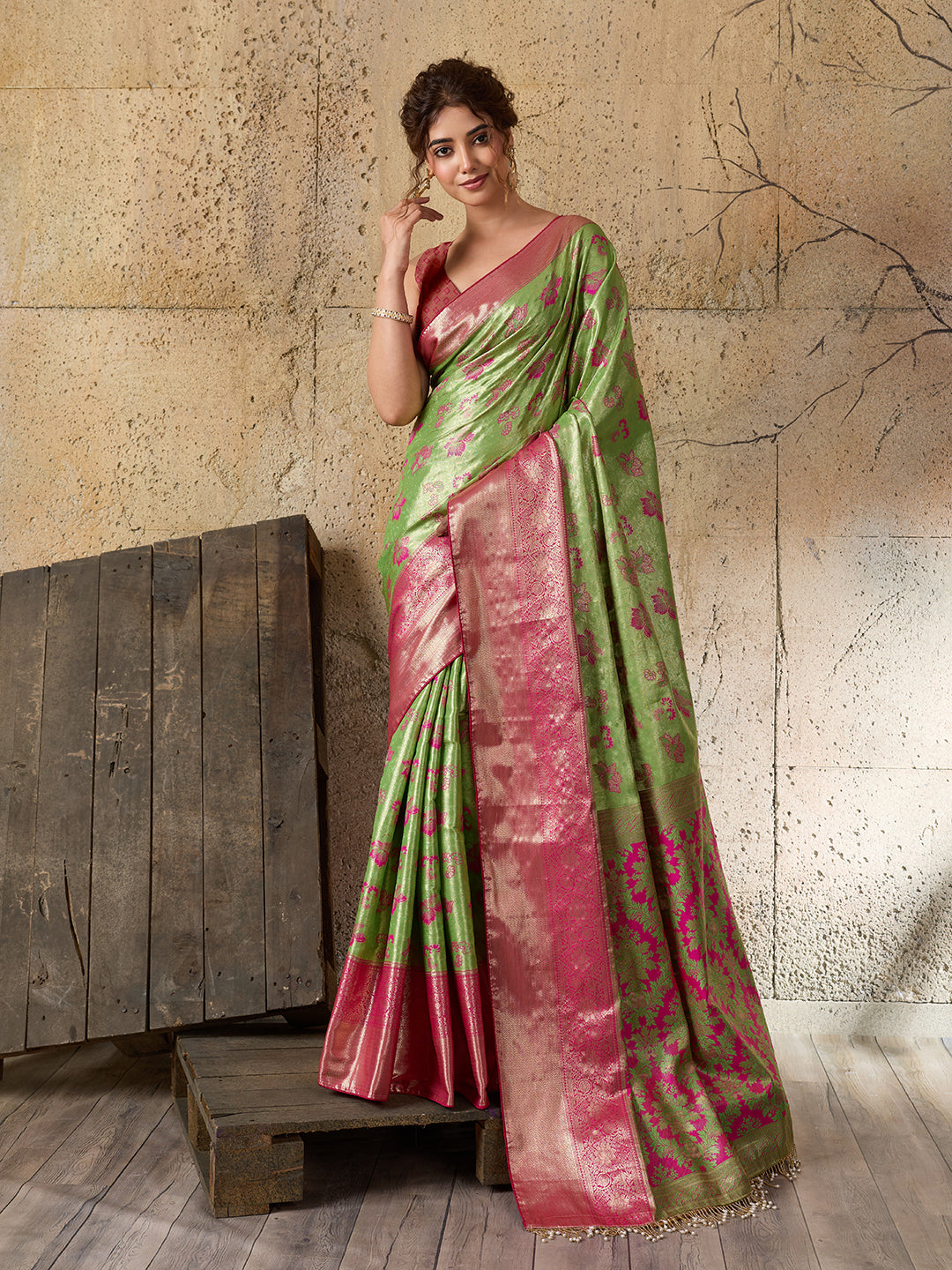 Green Soft Silk Saree with Woven Zari Pallu and Unstitched Blouse