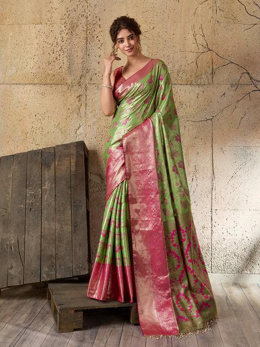 Green Soft Silk Saree with Woven Zari Pallu and Unstitched Blouse