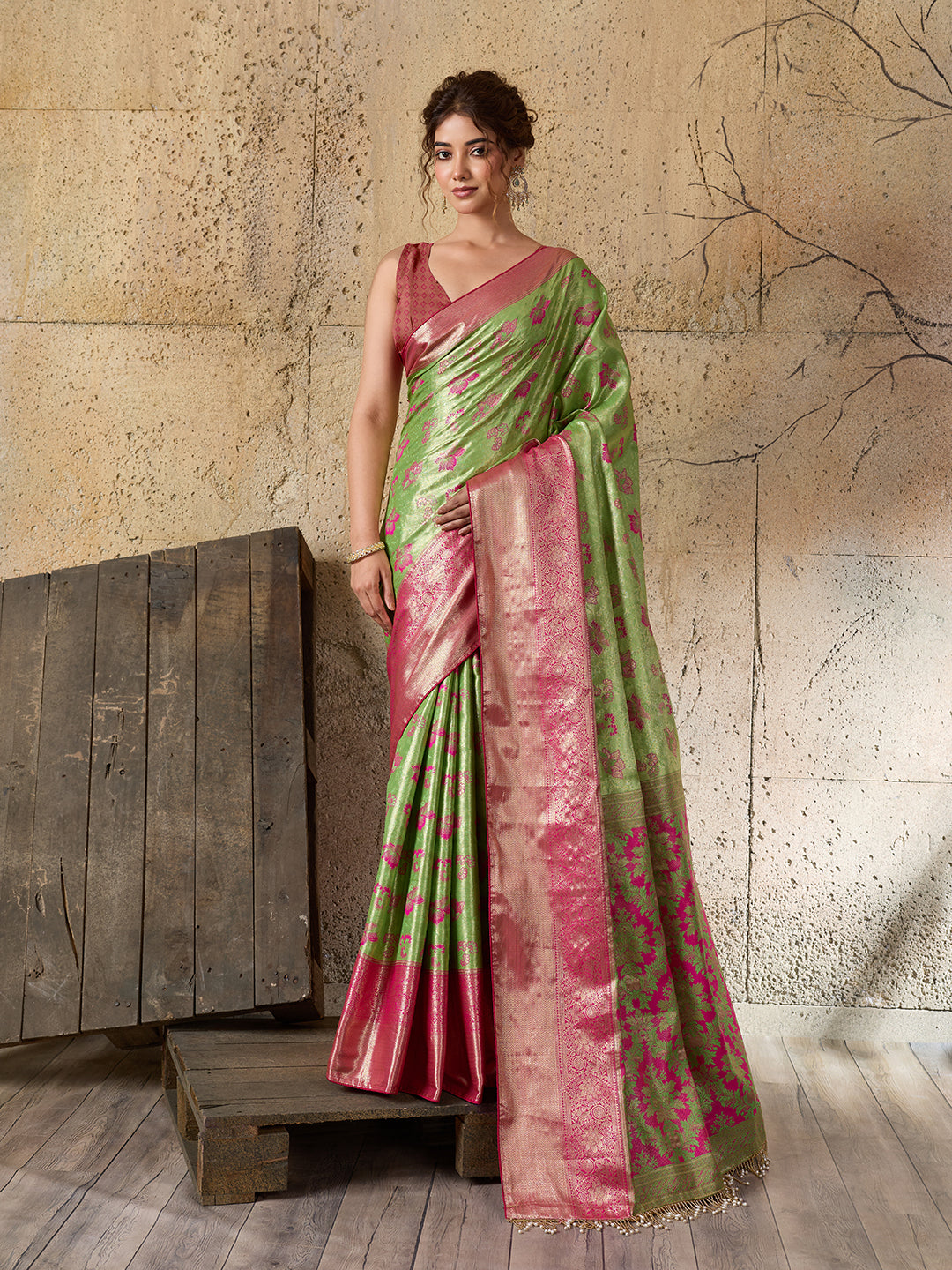 Green Soft Silk Saree with Woven Zari Pallu and Unstitched Blouse