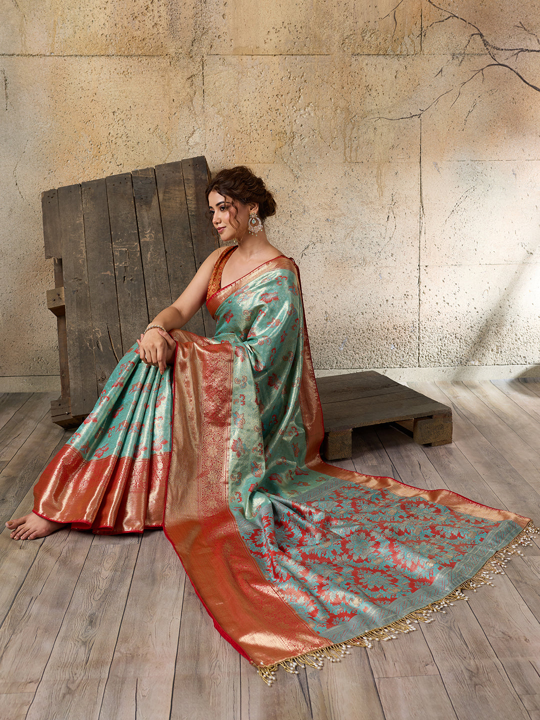 Sea Green Soft Silk Saree with Woven Zari Pallu and Unstitched Blouse