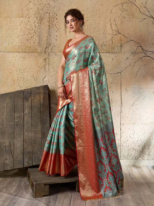 Sea Green Soft Silk Saree with Woven Zari Pallu and Unstitched Blouse
