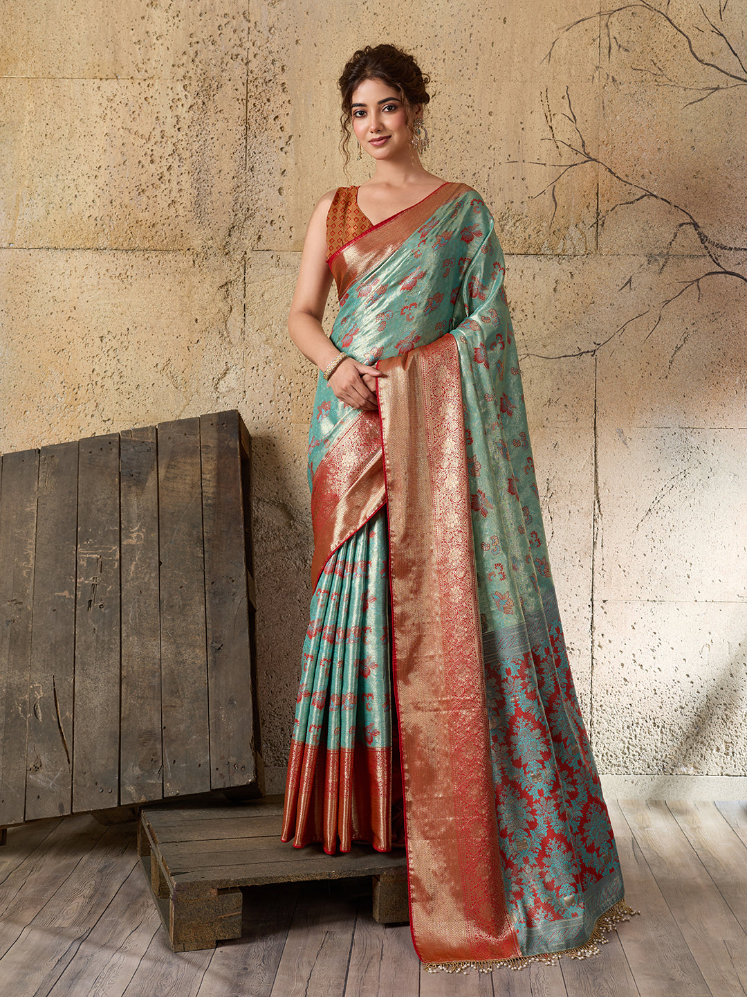 Sea Green Soft Silk Saree with Woven Zari Pallu and Unstitched Blouse