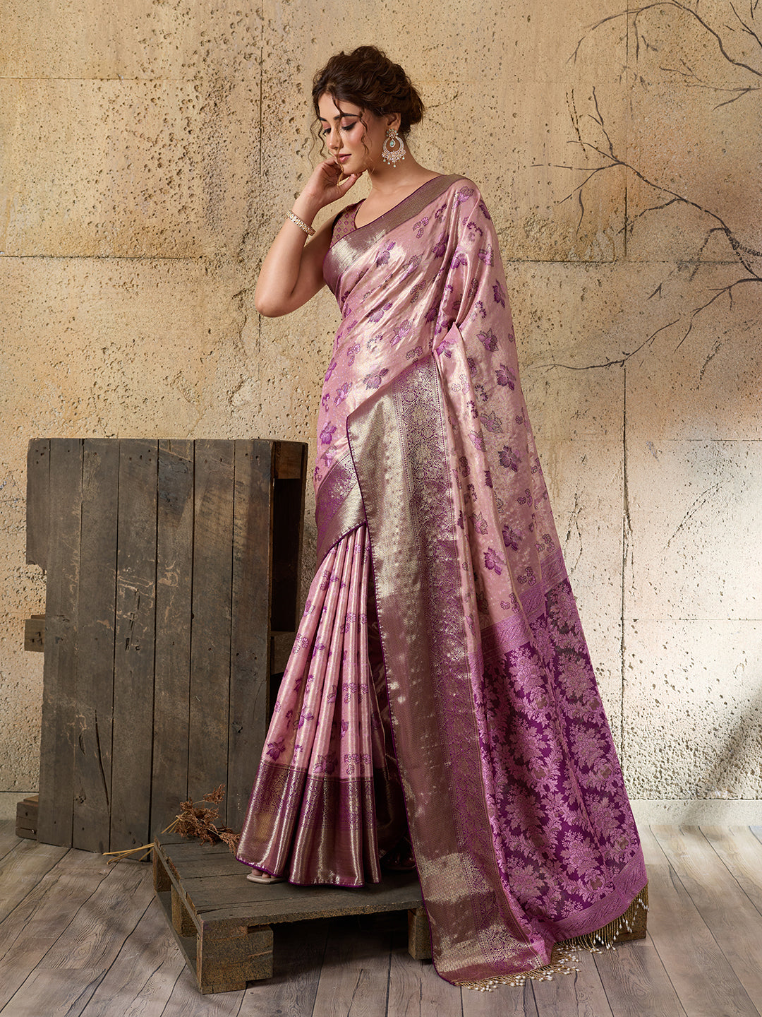 Pink Soft Silk Saree with Woven Zari Pallu and Unstitched Blouse