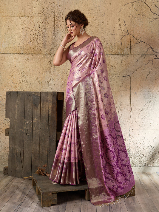 Pink Soft Silk Saree with Woven Zari Pallu and Unstitched Blouse