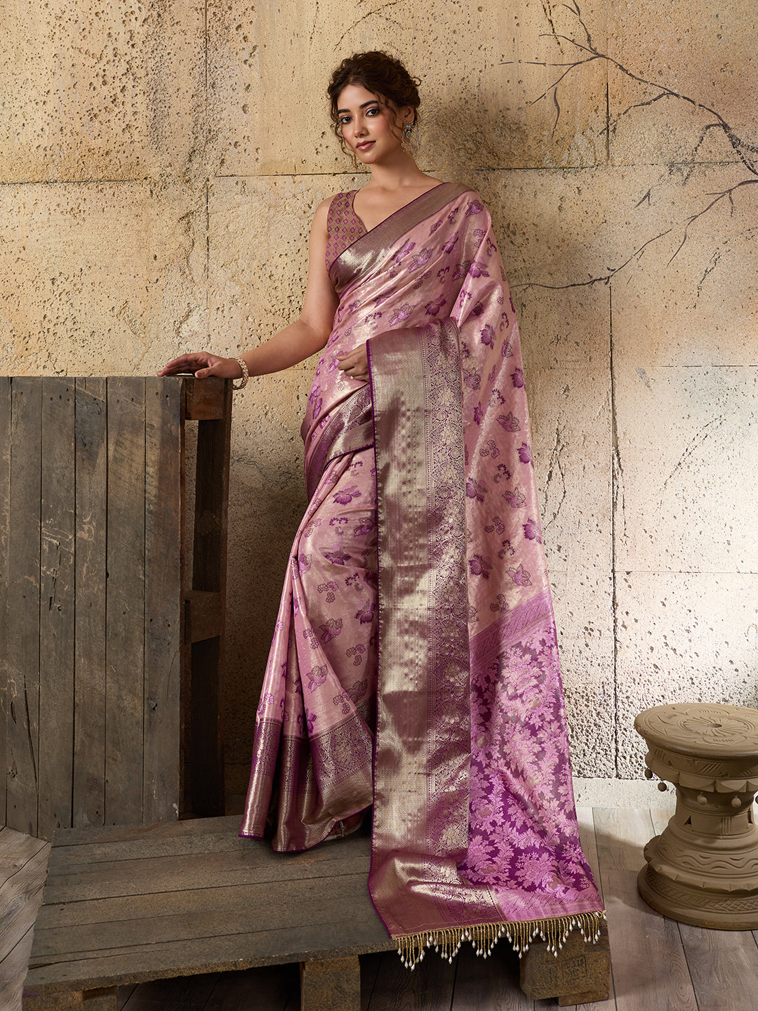 Pink Soft Silk Saree with Woven Zari Pallu and Unstitched Blouse