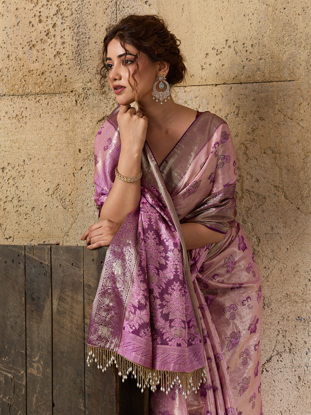 Pink Soft Silk Saree with Woven Zari Pallu and Unstitched Blouse