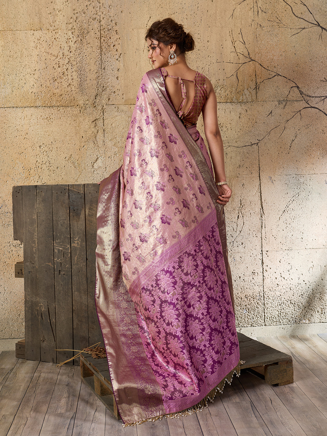 Pink Soft Silk Saree with Woven Zari Pallu and Unstitched Blouse