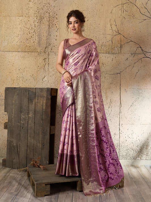 Pink Soft Silk Saree with Woven Zari Pallu and Unstitched Blouse