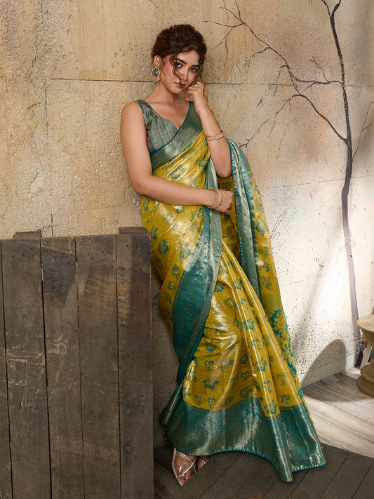 Mustard Soft Silk Saree with Woven Zari Pallu and Unstitched Blouse