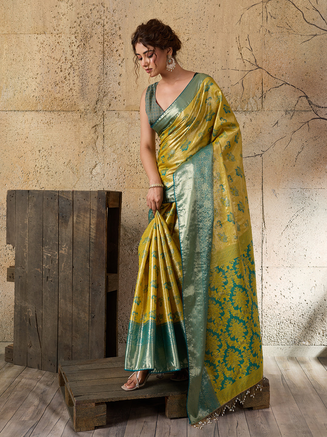 Mustard Soft Silk Saree with Woven Zari Pallu and Unstitched Blouse
