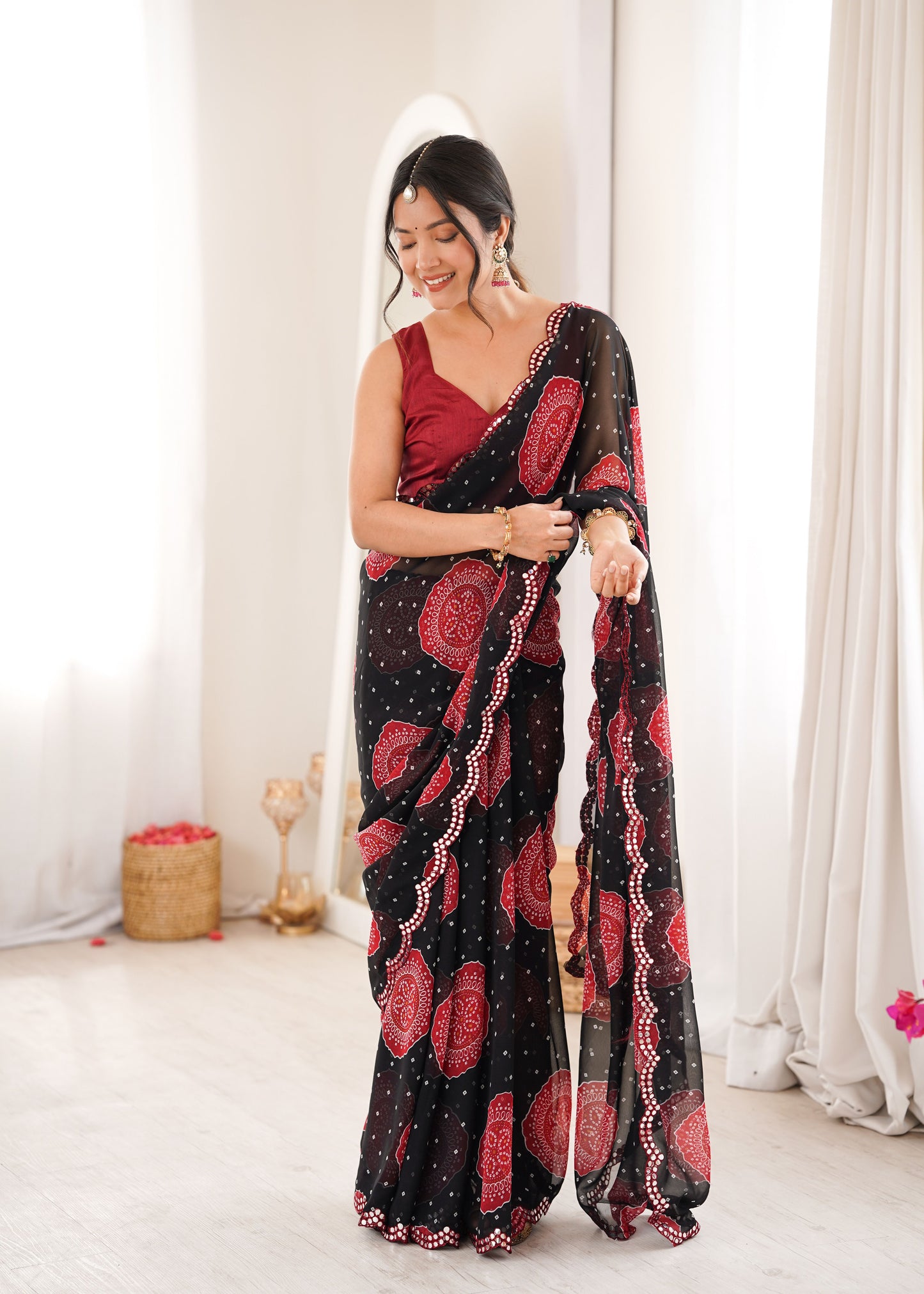 Black Georgette Bandhani Printed Saree