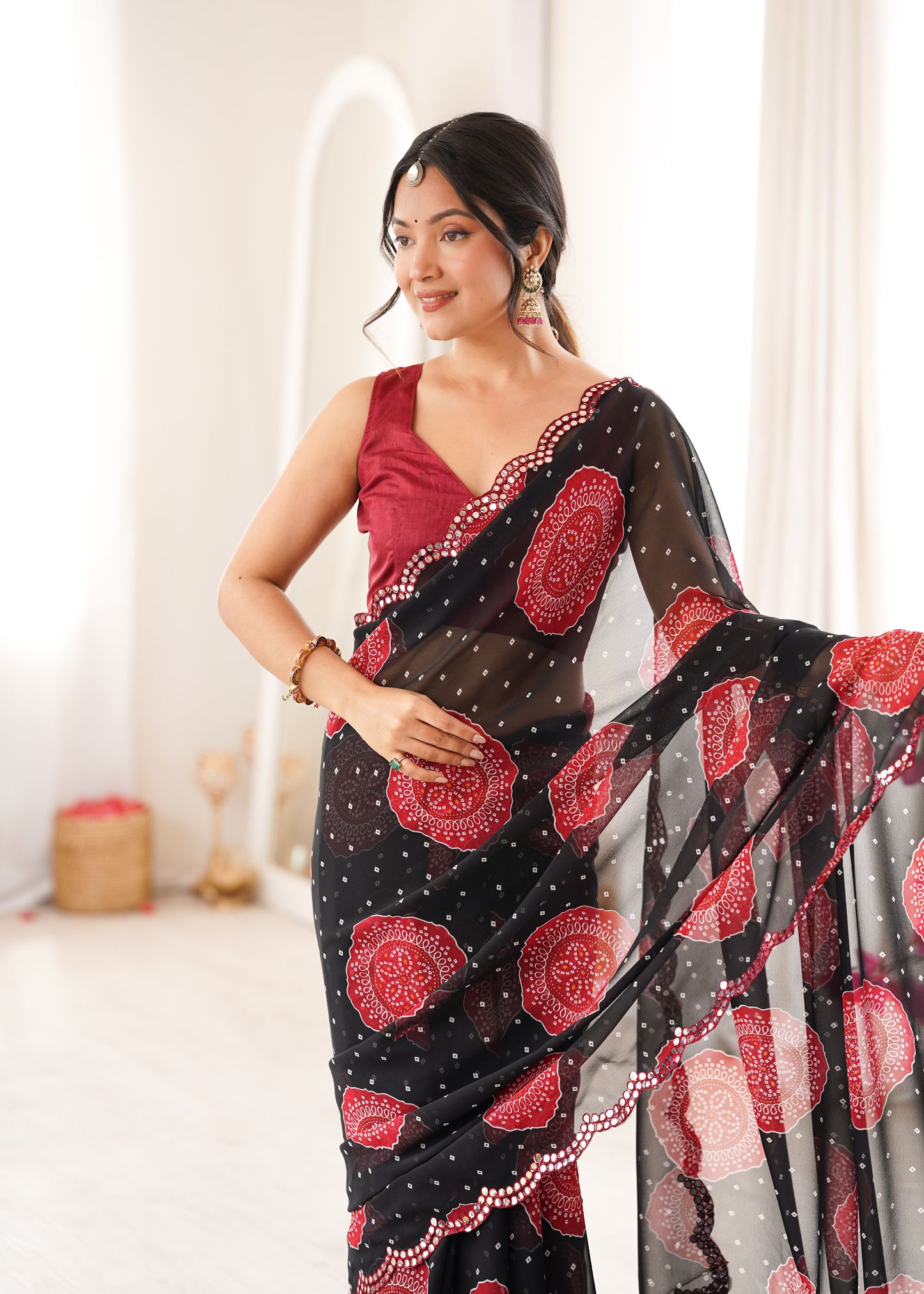 Black Georgette Bandhani Printed Saree