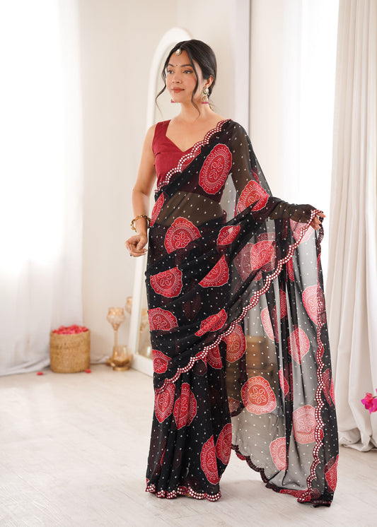 Black Georgette Bandhani Printed Saree