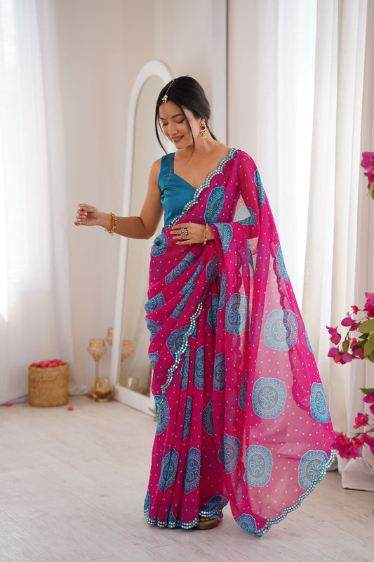 Pink Georgette Bandhani Printed Saree