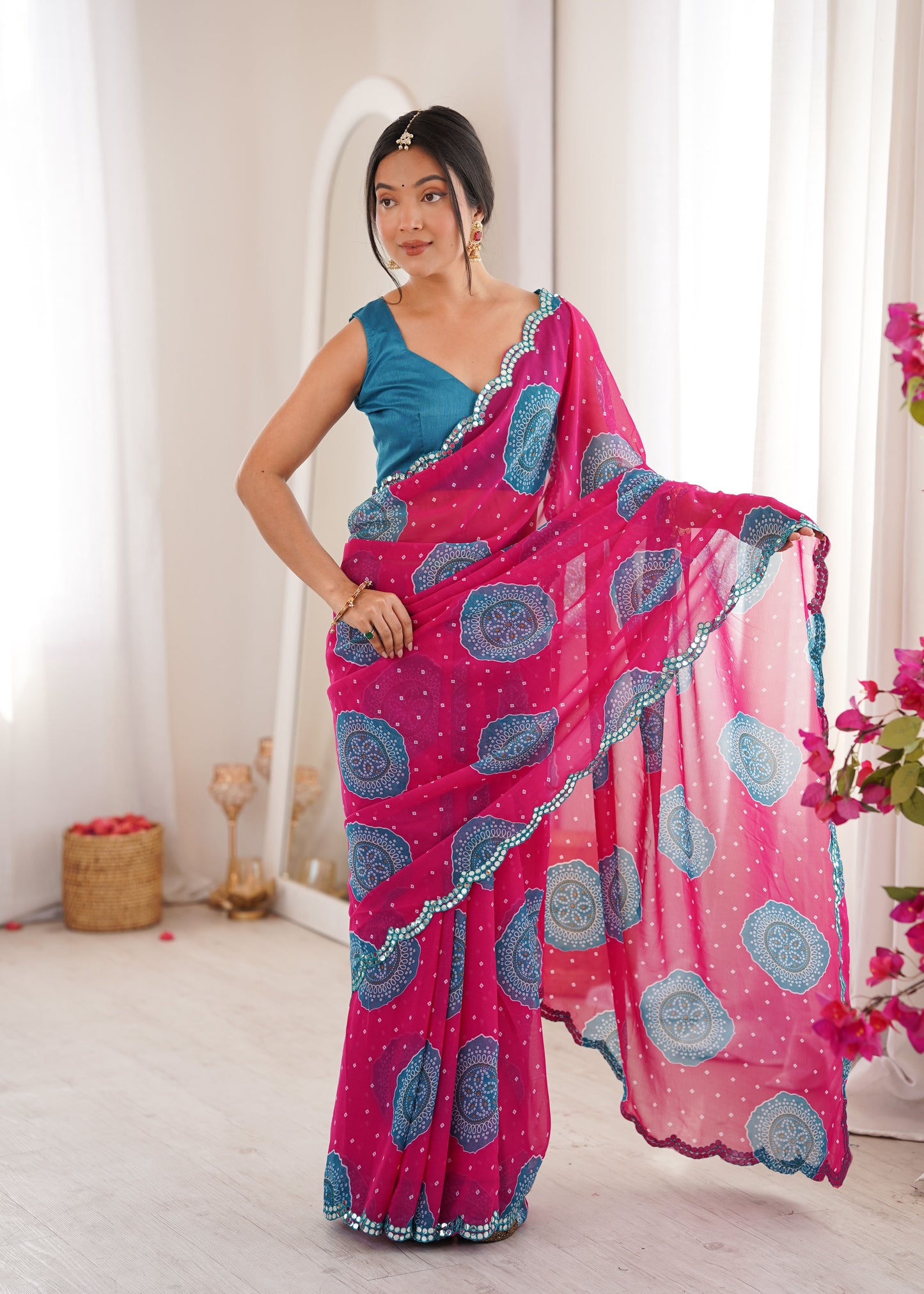 Pink Georgette Bandhani Printed Saree