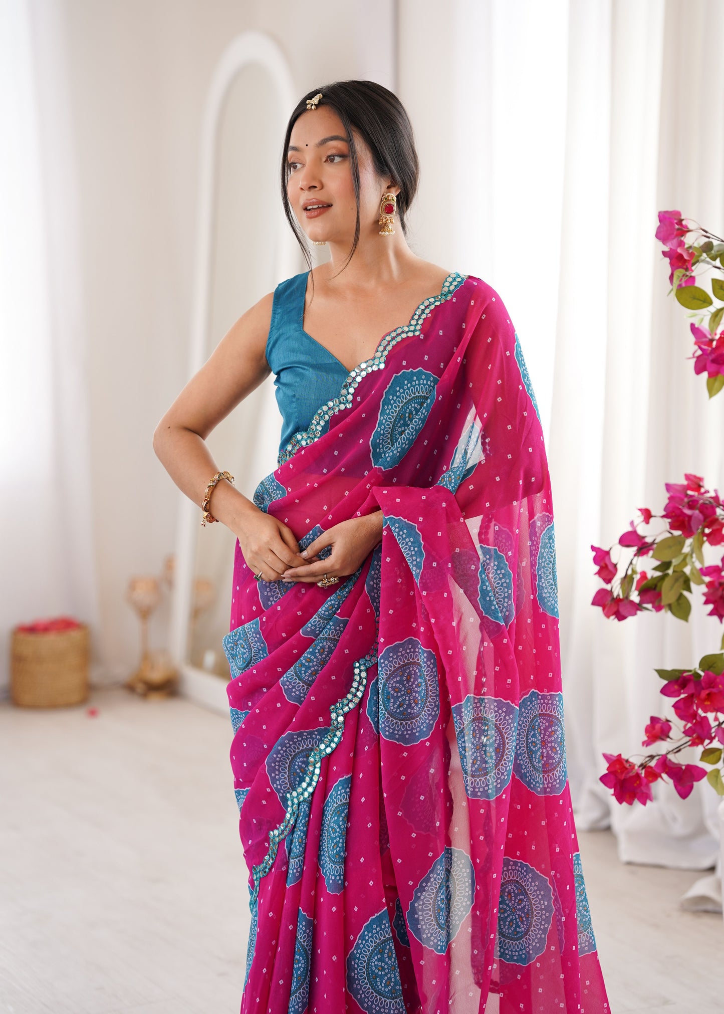 Pink Georgette Bandhani Printed Saree