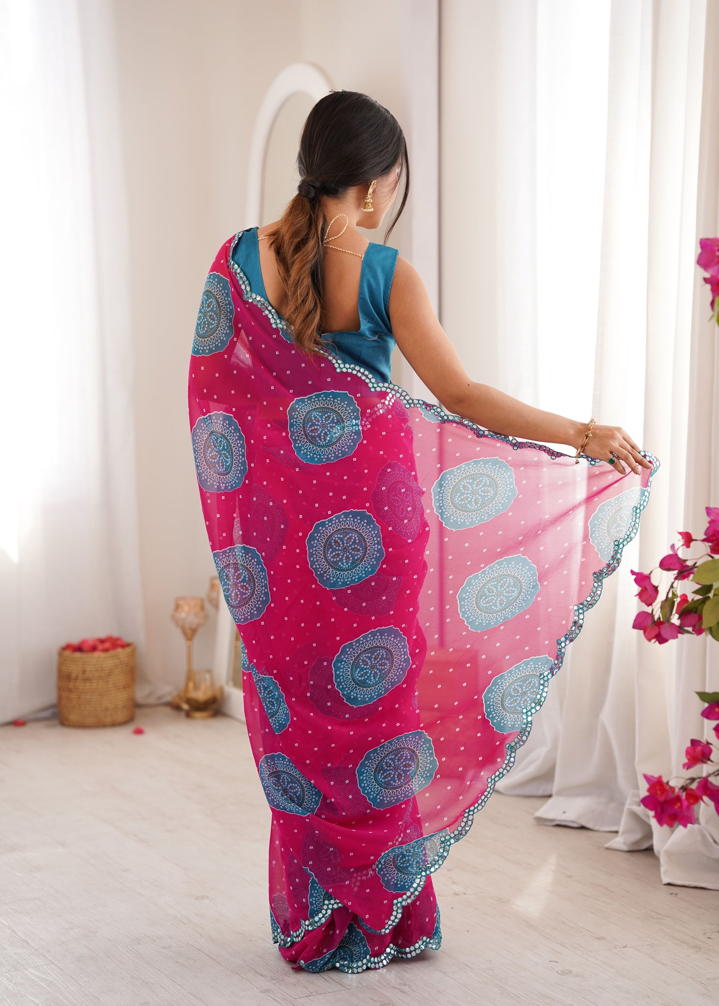 Pink Georgette Bandhani Printed Saree