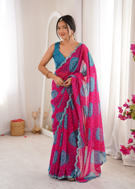 Pink Georgette Bandhani Printed Saree