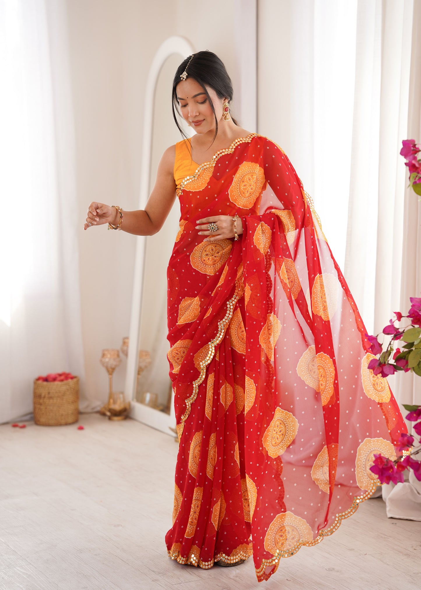 Red Georgette Bandhani Printed Saree