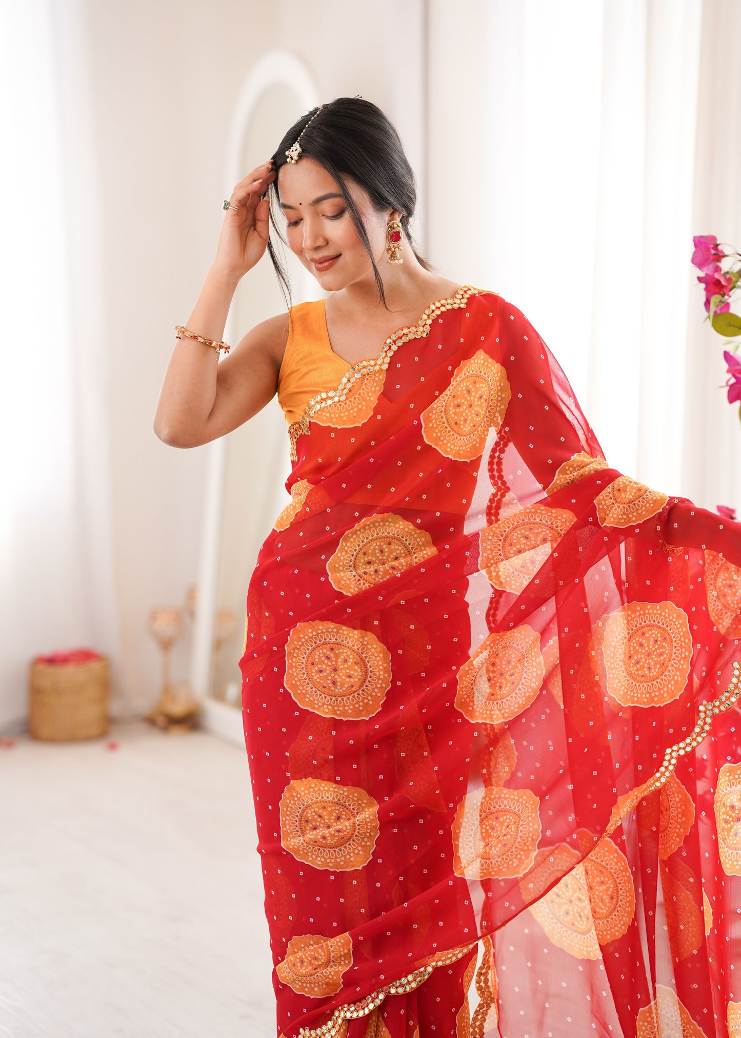 Red Georgette Bandhani Printed Saree