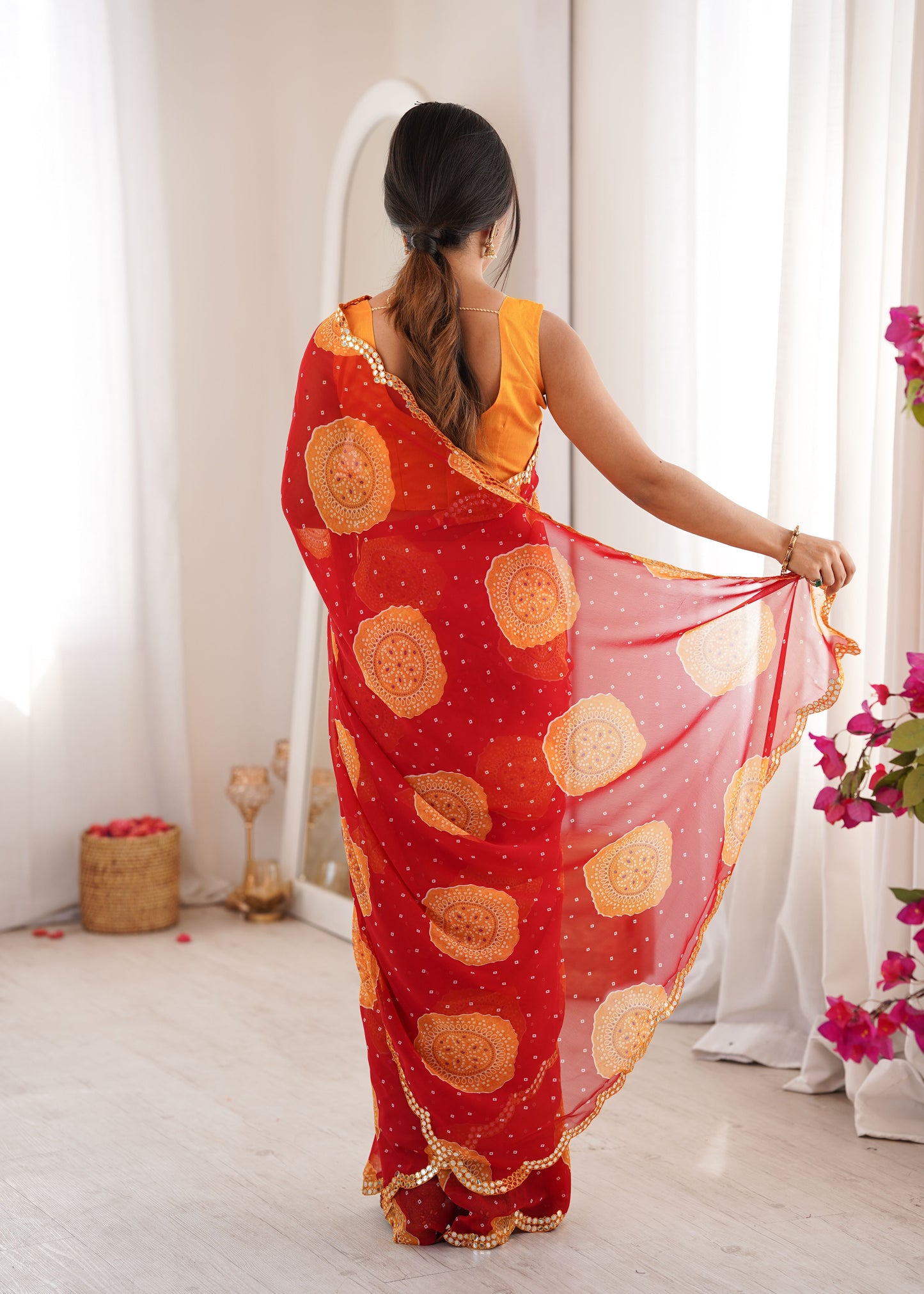 Red Georgette Bandhani Printed Saree
