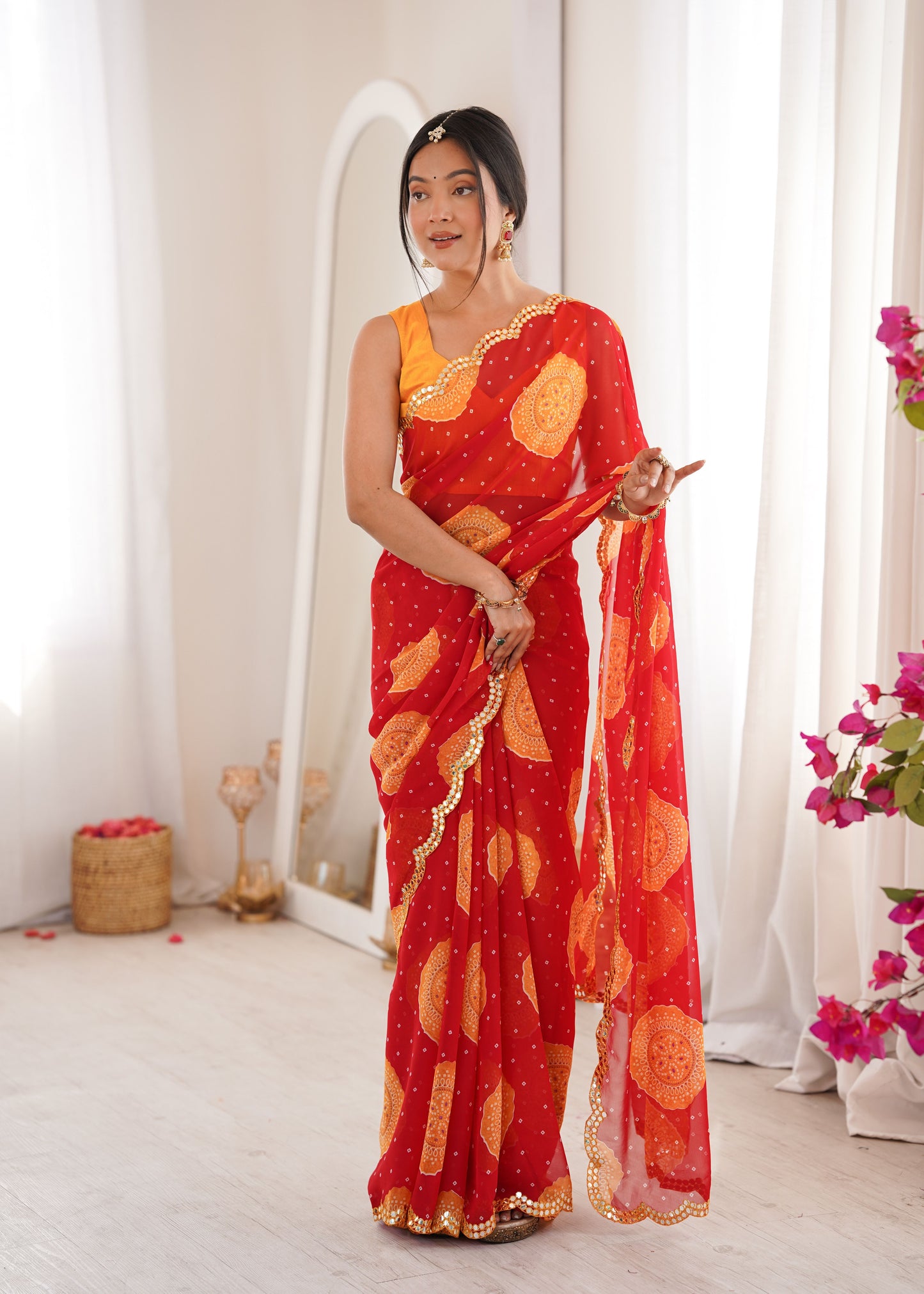 Red Georgette Bandhani Printed Saree