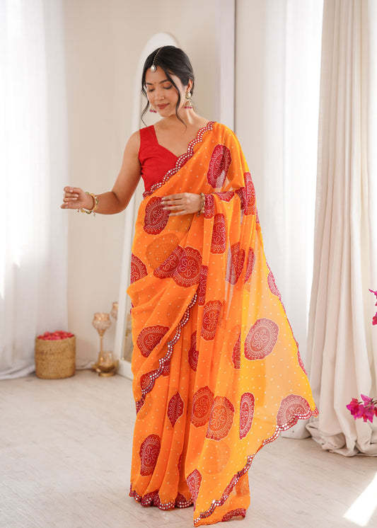 Orange Georgette Bandhani Printed Saree