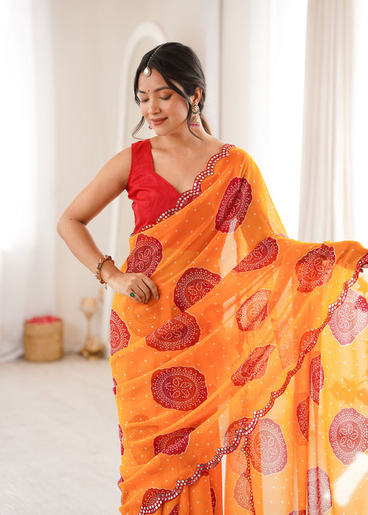 Orange Georgette Bandhani Printed Saree