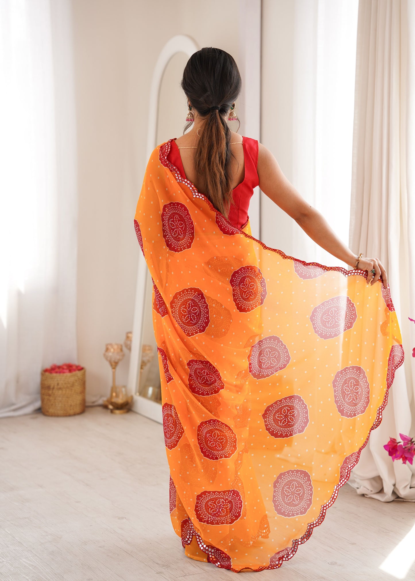 Orange Georgette Bandhani Printed Saree
