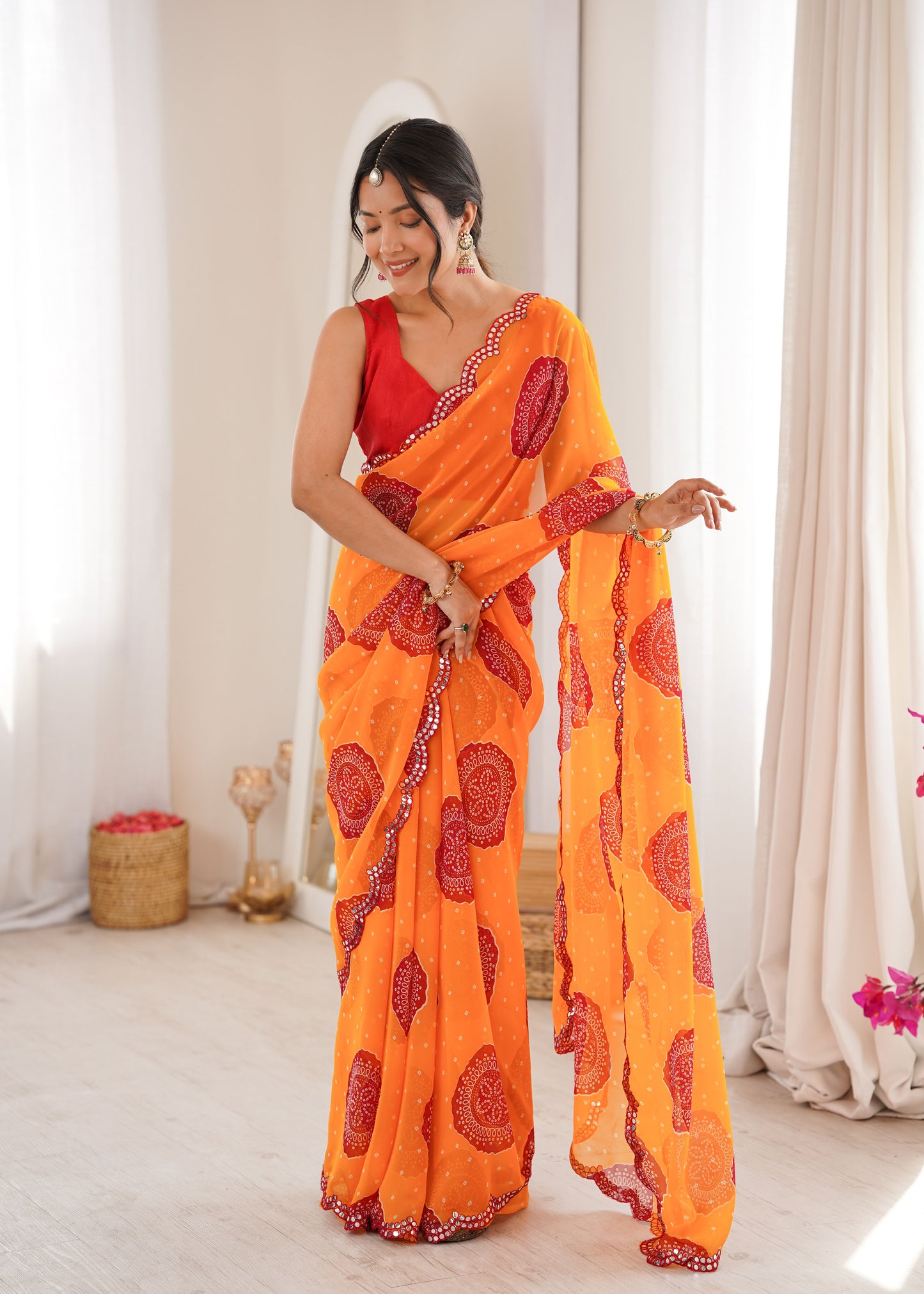 Orange Georgette Bandhani Printed Saree