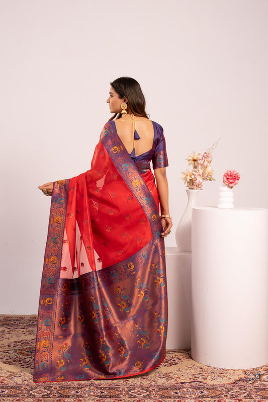 Red Tissue Silk Woven Jari Saree