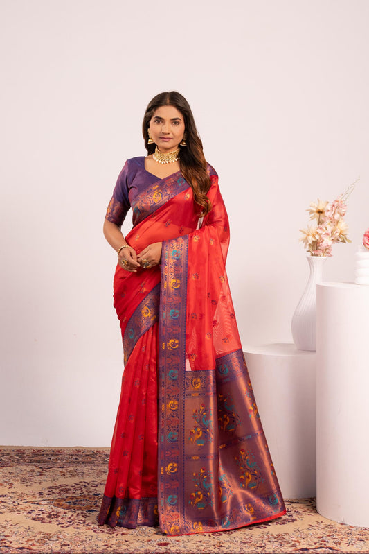 Red Tissue Silk Woven Jari Saree