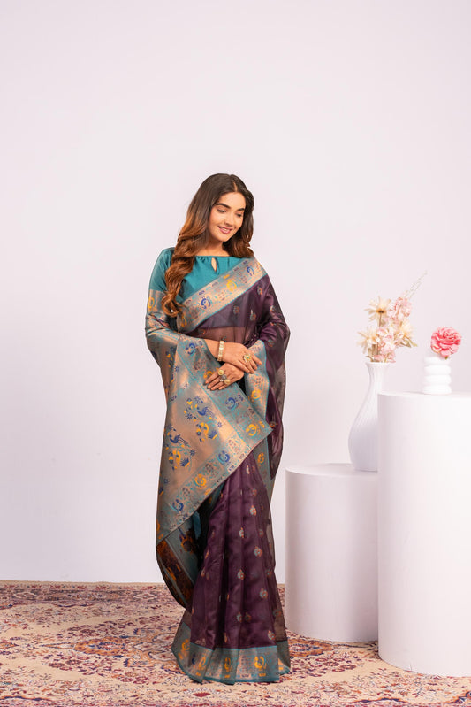 Wine Tissue Silk Woven Jari Saree