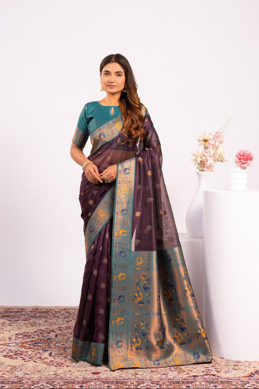 Wine Tissue Silk Woven Jari Saree