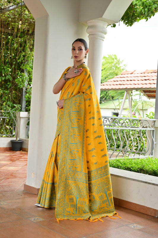 Yellow Banglori Raw Silk Saree