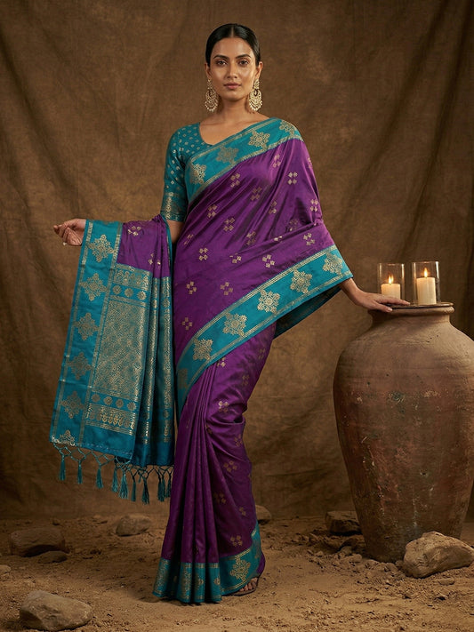 Violet Soft Silk Saree with Unstitched Blouse