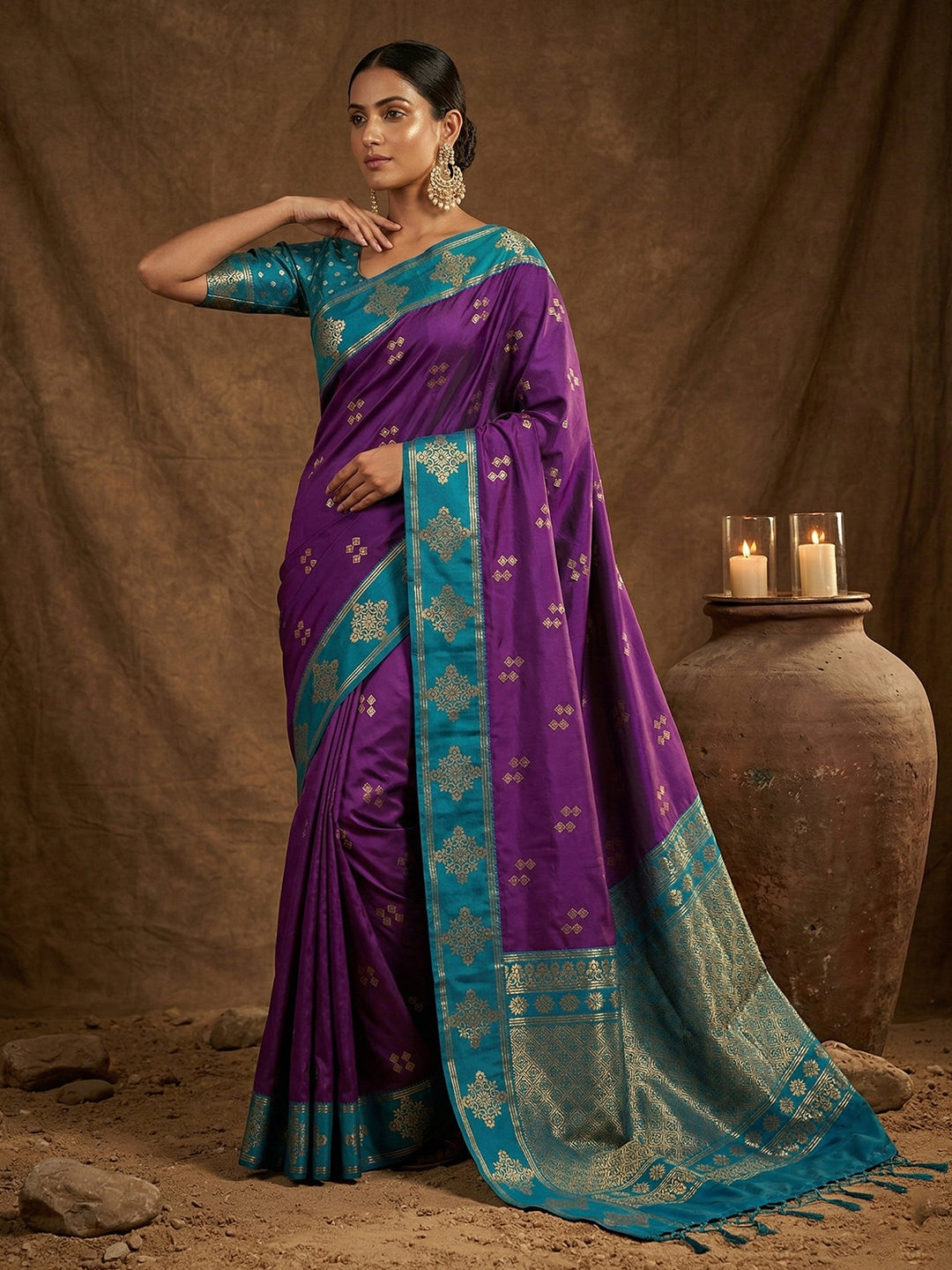 Violet Soft Silk Saree with Unstitched Blouse